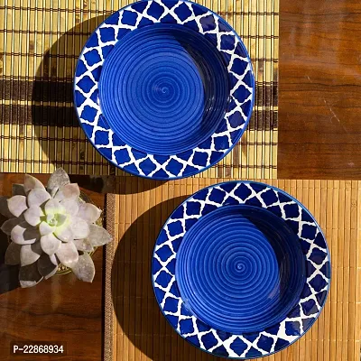 Jimkia Ceramic Side Plate Blue Moroccan Pasta Plate Serving Plates, Soup Plate For Serving Chowmine, Pasta, Snacks And Breakfast, Set Of 2 Big Plates (Microwave And Dishwasher Safe)-thumb0