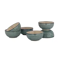 Lyallpur Stores Ceramic Bowl (Pack Of 6,Green Color) Line Design Embossed Halwa Serving Bowls For Giftingandserving Biscuit,Namkeen,Snacks Etc. Medium Size,Kheer Serving Katori Bowl Set,200 Milliliter-thumb1
