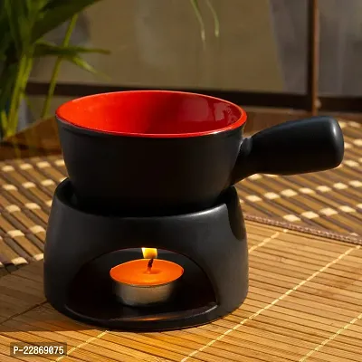 Ceramic Fondue Pot Set, Premium Tea Light Melting Pot For Cheese Chocolate And Tapas, Black And Red Color With 2 Tealight Candle-thumb0