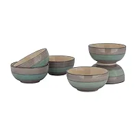 Lyallpur Stores Ceramic Bowl (Pack Of 6, Green And Grey Color) Line Design Embossed Halwa Serving Bowls For Gifting And Serving Biscuit, Namkeen, Snacks Etc. Medium Size, Kheer Serving Katori Bowl Set-thumb1