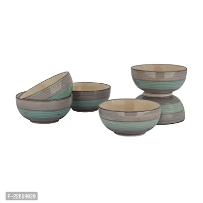 Lyallpur Stores Ceramic Bowl (Pack Of 6, Green And Grey Color) Line Design Embossed Halwa Serving Bowls For Gifting And Serving Biscuit, Namkeen, Snacks Etc. Medium Size, Kheer Serving Katori Bowl Set-thumb2