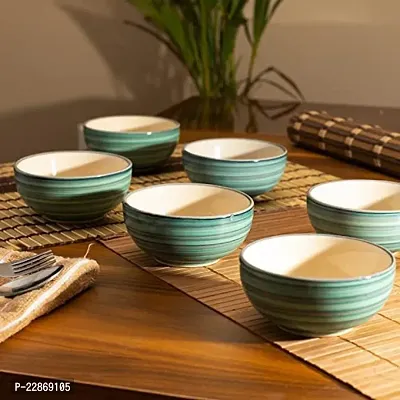 Lyallpur Stores Ceramic Bowl (Pack Of 6,Green Color) Line Design Embossed Halwa Serving Bowls For Giftingandserving Biscuit,Namkeen,Snacks Etc. Medium Size,Kheer Serving Katori Bowl Set,200 Milliliter