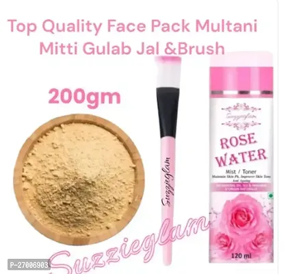 Suzzieglam Best Combo Of The Face Pack 100℅ Pure Multani Mitti(200Gm) Face Pack Brush(1Pc) Gulab Rose Water(120Ml)