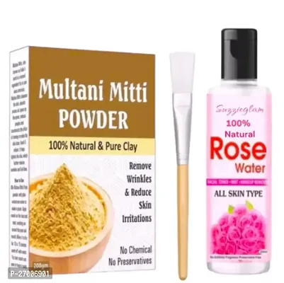 Suzzieglam 100% Pure Natural Mitti Powder For Skin and Hair Care(200G)+Rose Water 120 Ml + Face Pack Brush