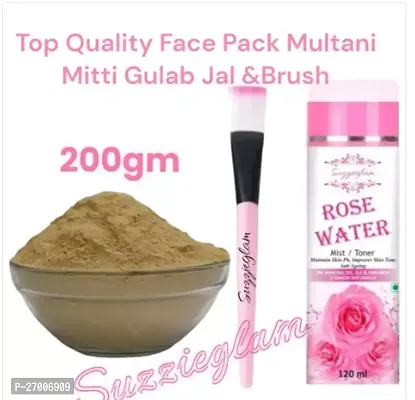 Suzzieglam Gulab Jal(120Ml) Pure Multani Mitti Powder(200Gm) Face Pack Brush(1Pc)