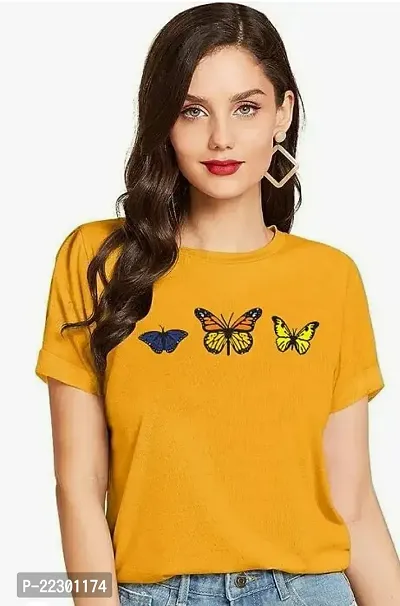 Elegant Cotton Mustard Printed Short Sleeves T-Shirt For Women-thumb0