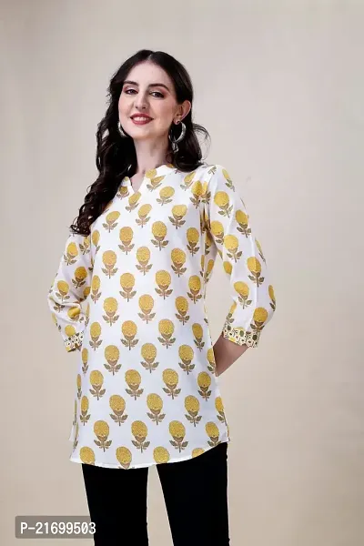 Elegant Yellow Cotton Printed Tunic For Women-thumb2