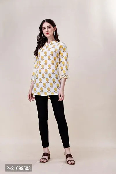 Elegant Yellow Cotton Printed Tunic For Women-thumb0