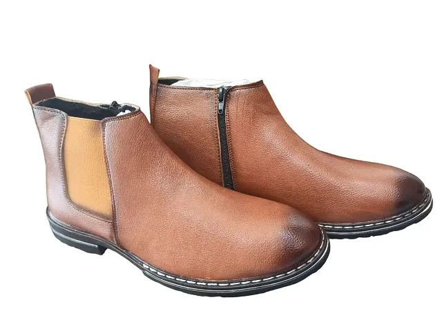 Stylish Brown Leather Solid Heeled Boots For Men