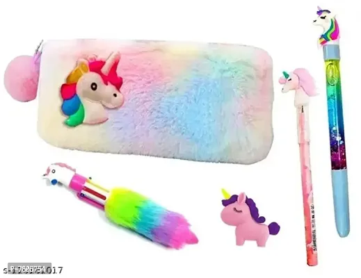 Combo of Stationery Gift Set for Kids Unicorn Fur Cotton Pencil Pouch with Unicorn Pen, Pencil, Eraser and Unicorn Fur 6 in 1 Pen Stationery Collection School Supplies Item for Students (Pack of 5