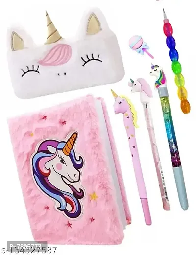 Best Birthday Return Gift Set Combo unicorn fur , unicorn furry notebook for girls with fur pencil box, pencil pouch, unicorn pen, unicorn bullet pencil , designer eraser 7 pieces stati-thumb0
