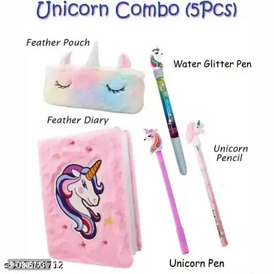 Best Birthday Return Gift Set Combo unicorn fur , unicorn furry notebook for girls with fur pencil box, pencil pouch, unicorn pen, unicorn bullet pencil , designer eraser 7 pieces stati-thumb2