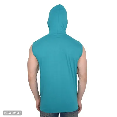 Stylish Turquoise Cotton Blend Solid Sleeveless Hoodies For Men-thumb2