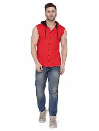 Stylish Red Cotton Blend Solid Sleeveless Hoodies For Men-thumb3