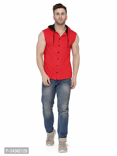 Stylish Red Cotton Blend Solid Sleeveless Hoodies For Men-thumb4