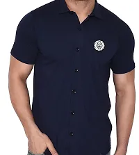 Stylish Navy Blue Cotton Blend Solid Short Sleeves Shirt For Men-thumb3