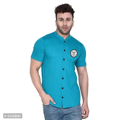 Stylish Turquoise Cotton Blend Short Sleeves Regular Fit Casual Shirt For Men