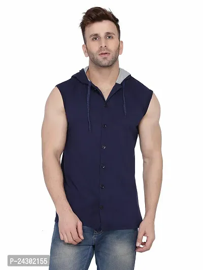 Stylish Navy Blue Cotton Blend Solid Sleeveless Hoodies For Men