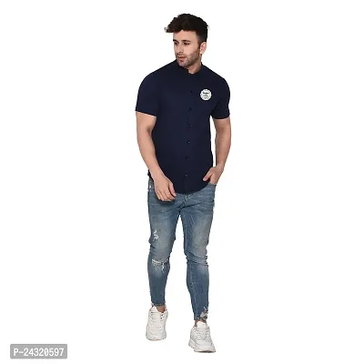 Stylish Navy Blue Cotton Blend Short Sleeves Regular Fit Casual Shirt For Men-thumb4