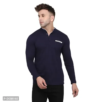 Stylish Navy Blue Cotton Blend Long Sleeves Solid T-Shirt For Men