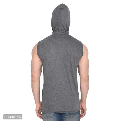 Stylish Grey Cotton Blend Solid Sleeveless Hoodies For Men-thumb2