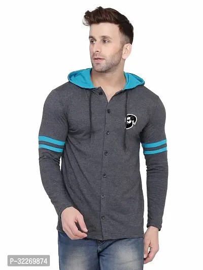 Stylish Grey Cotton Blend Hooded Tees For Men-thumb0