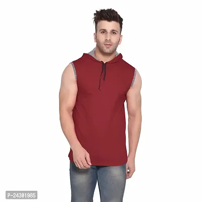 Stylish Maroon Cotton Blend Solid Sleeveless Hoodies For Men