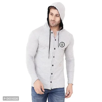 Trendy Silver Cotton Blend Solid Hoodies For Men