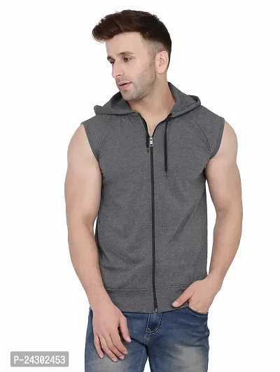 Stylish Grey Cotton Blend Solid Sleeveless Hoodies For Men