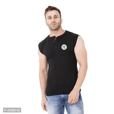 Stylish Black Cotton Blend Sleeveless Solid T-Shirt For Men-thumb0