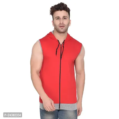 Stylish Red Cotton Blend Solid Sleeveless Hoodies For Men-thumb0