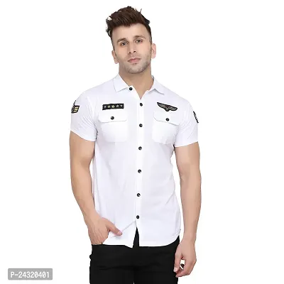 Stylish White Cotton Blend Short Sleeves Regular Fit Casual Shirt For Men-thumb0