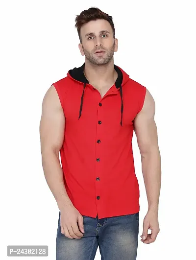 Stylish Red Cotton Blend Solid Sleeveless Hoodies For Men-thumb0