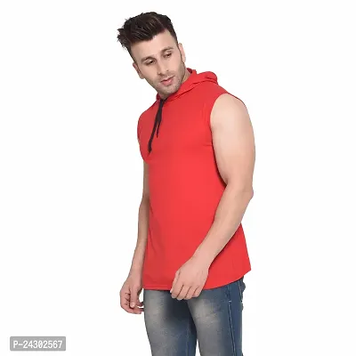 Stylish Red Cotton Blend Solid Sleeveless Hoodies For Men-thumb3