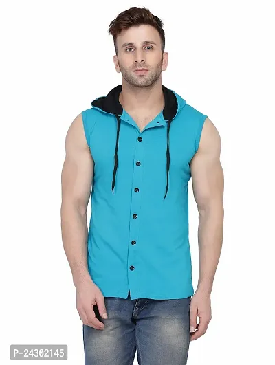 Stylish Turquoise Cotton Blend Solid Sleeveless Hoodies For Men