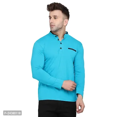 Stylish Turquoise Cotton Blend Long Sleeves Solid T-Shirt For Men
