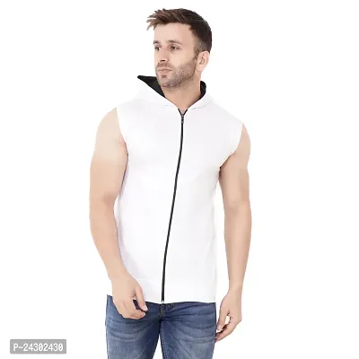 Stylish White Cotton Blend Solid Sleeveless Hoodies For Men-thumb0