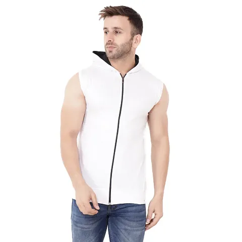 Stylish Cotton Blend Solid Sleeveless Hoodies For Men