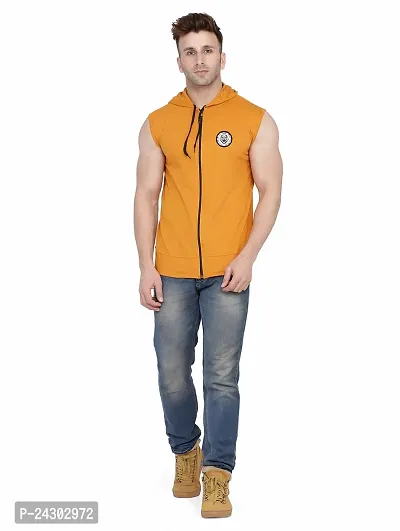 Stylish Golden Cotton Blend Solid Sleeveless Hoodies For Men-thumb4