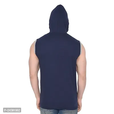 Stylish Navy Blue Cotton Blend Solid Sleeveless Hoodies For Men-thumb2