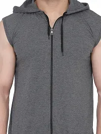 Stylish Grey Cotton Blend Solid Sleeveless Hoodies For Men-thumb4