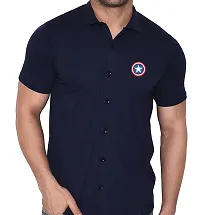 Stylish Navy Blue Cotton Blend Solid Short Sleeves Shirt For Men-thumb3