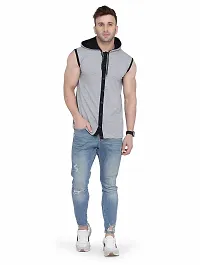 Stylish Silver Cotton Blend Solid Sleeveless Hoodies For Men-thumb3