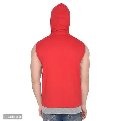 Stylish Red Cotton Blend Solid Sleeveless Hoodies For Men-thumb2