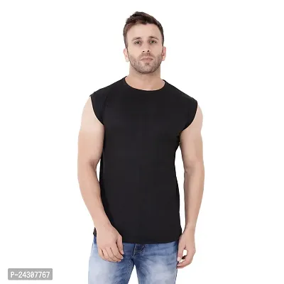 Stylish White Cotton Blend Sleeveless Solid T-Shirt For Men-thumb0