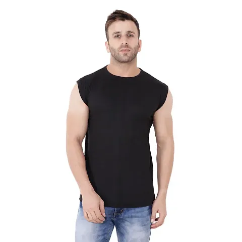 Stylish Blend Sleeveless Solid T-Shirt For Men