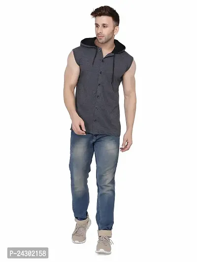 Stylish Grey Cotton Blend Solid Sleeveless Hoodies For Men-thumb4