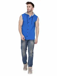 Stylish Blue Cotton Blend Solid Sleeveless Hoodies For Men-thumb3