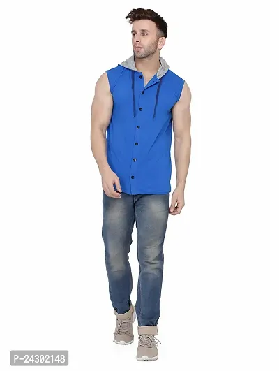 Stylish Blue Cotton Blend Solid Sleeveless Hoodies For Men-thumb4