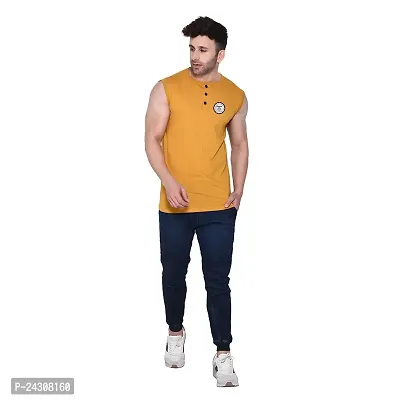 Stylish Golden Cotton Blend Sleeveless Solid T-Shirt For Men-thumb4